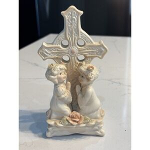 Boy Girl Ceramic Figurines Praying Kneeling by Cross Christianity Statue Vintage